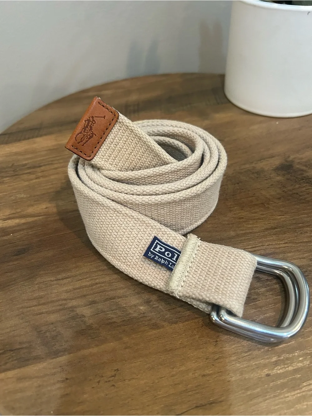 Polo Ralph Lauren Beige Canvas D-Ring Web Belt Leather Tip 53”